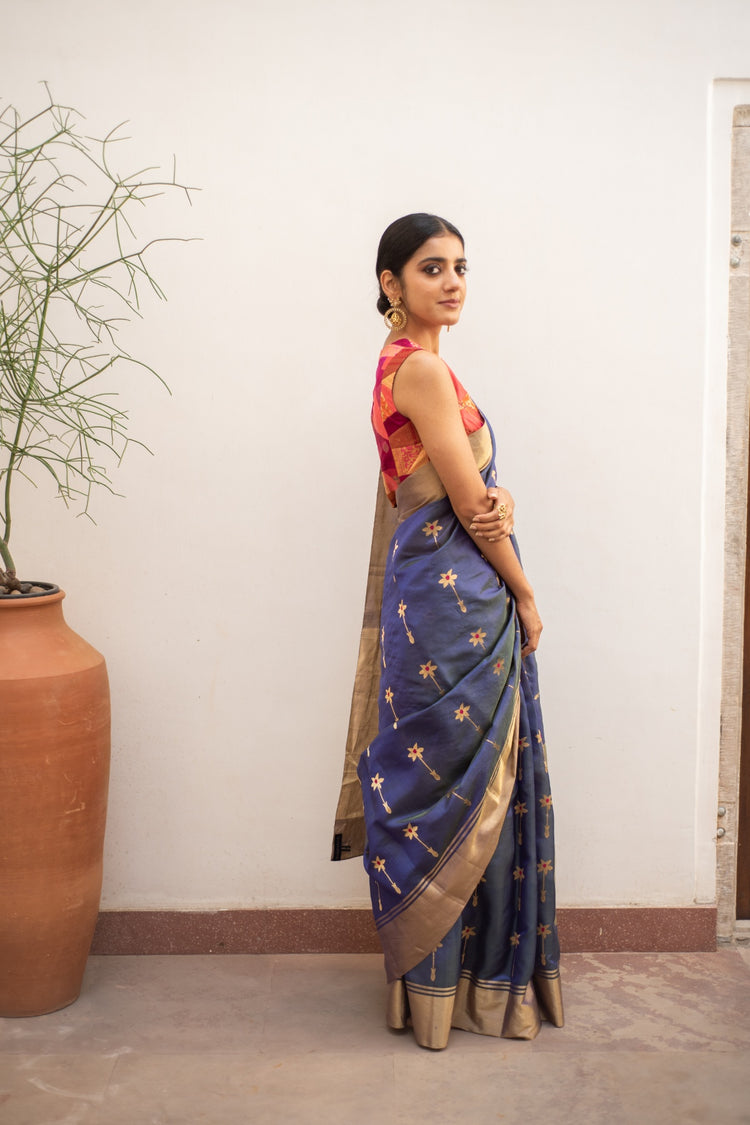 Ashar Teal blue- Blue Silk Chanderi Saree