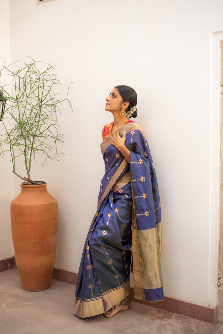 Ashar Teal blue- Blue Silk Chanderi Saree