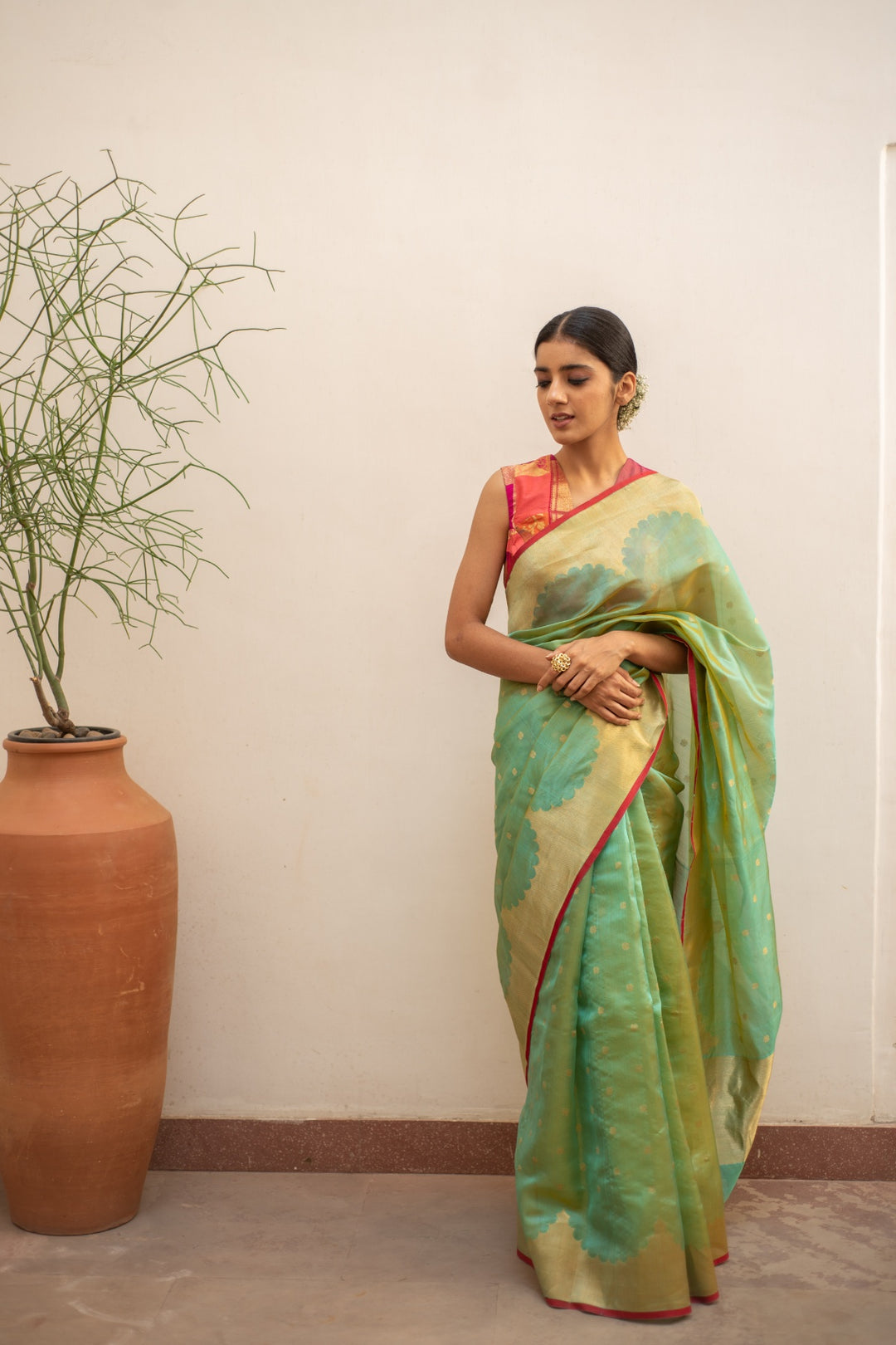 Sora- Teal Silk Chanderi Saree