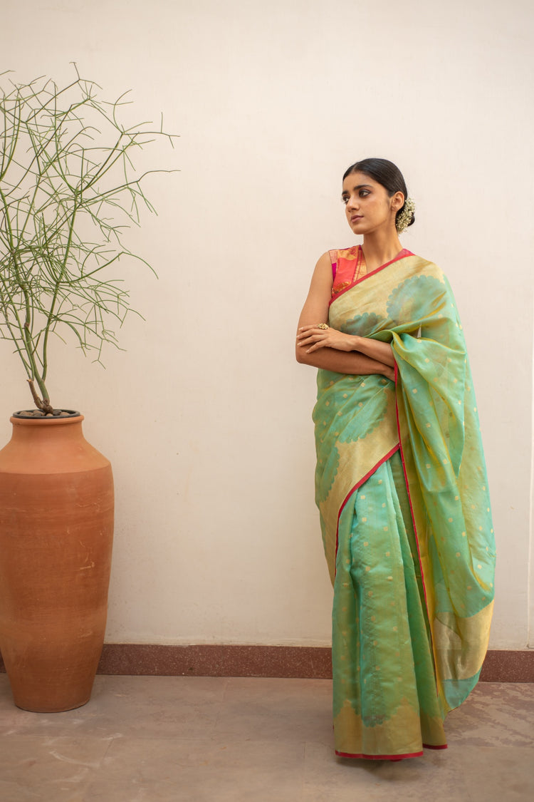 Sora- Teal Silk Chanderi Saree