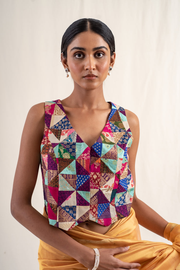 Mirza- Multicolor silk brocade patchwork waist coat