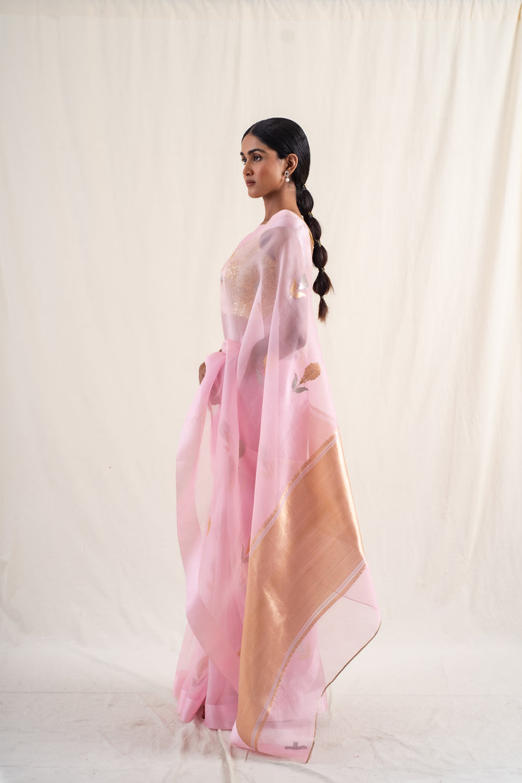 Chira - Soft pink silk organza banarasi hand woven saree