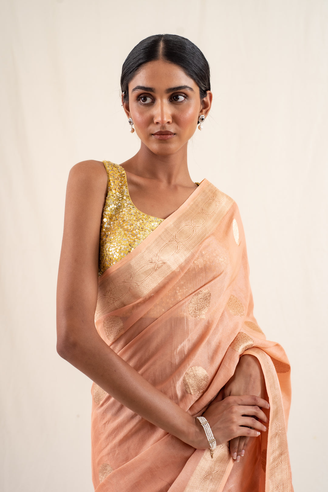 Rena - Peach Banarasi Silk Tissue Saree