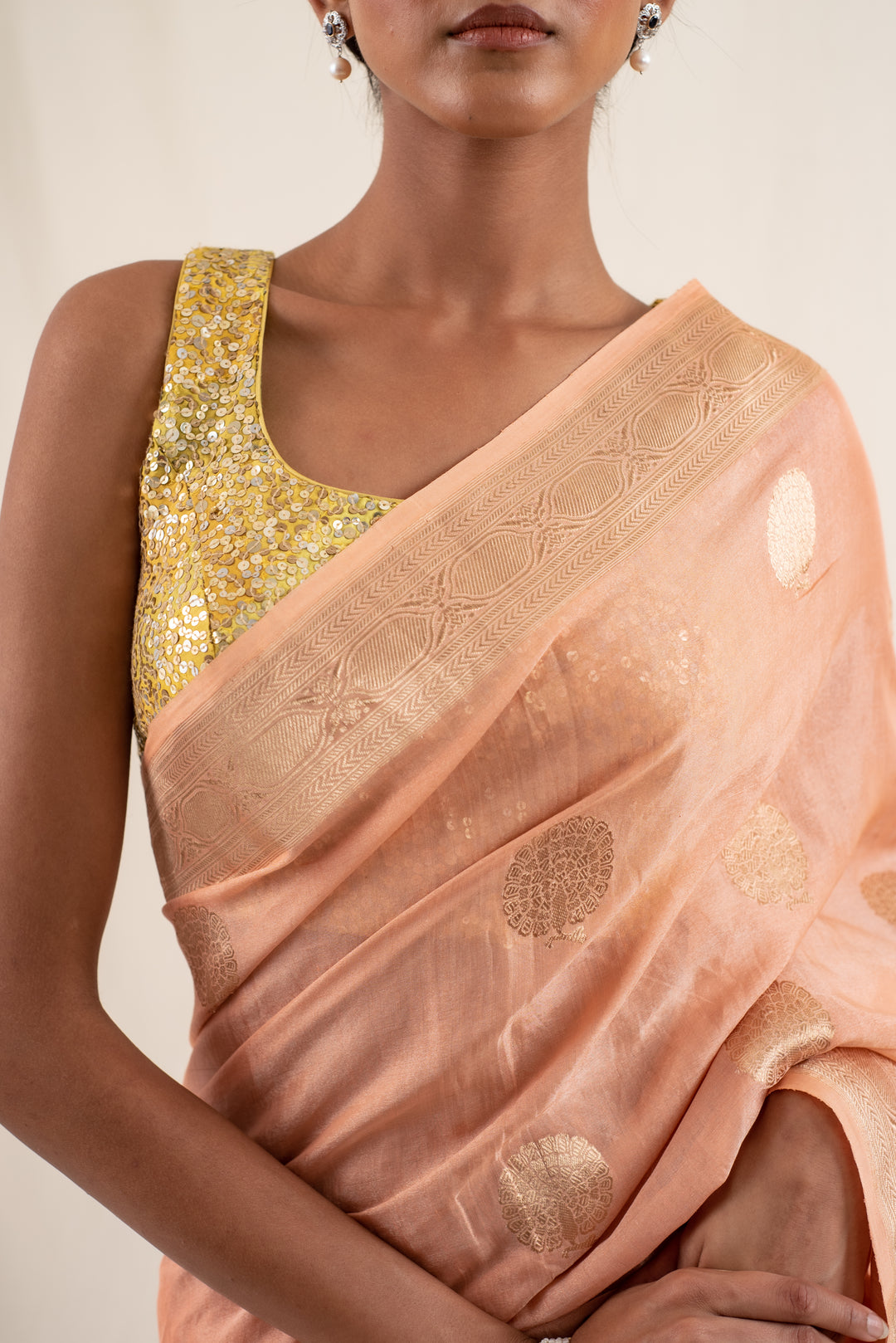 Rena - Peach Banarasi Silk Tissue Saree