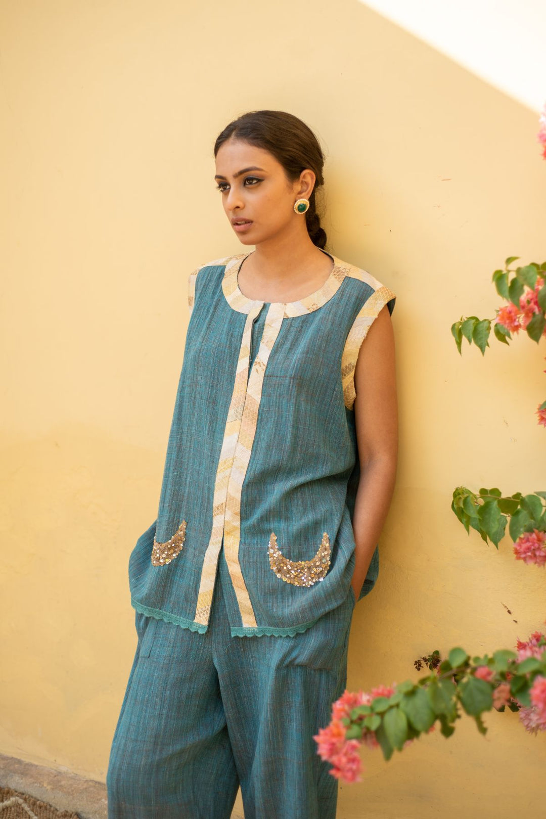 Aadi- Teal Blue Cotton Upcycled Patchwork Co-Ord Set