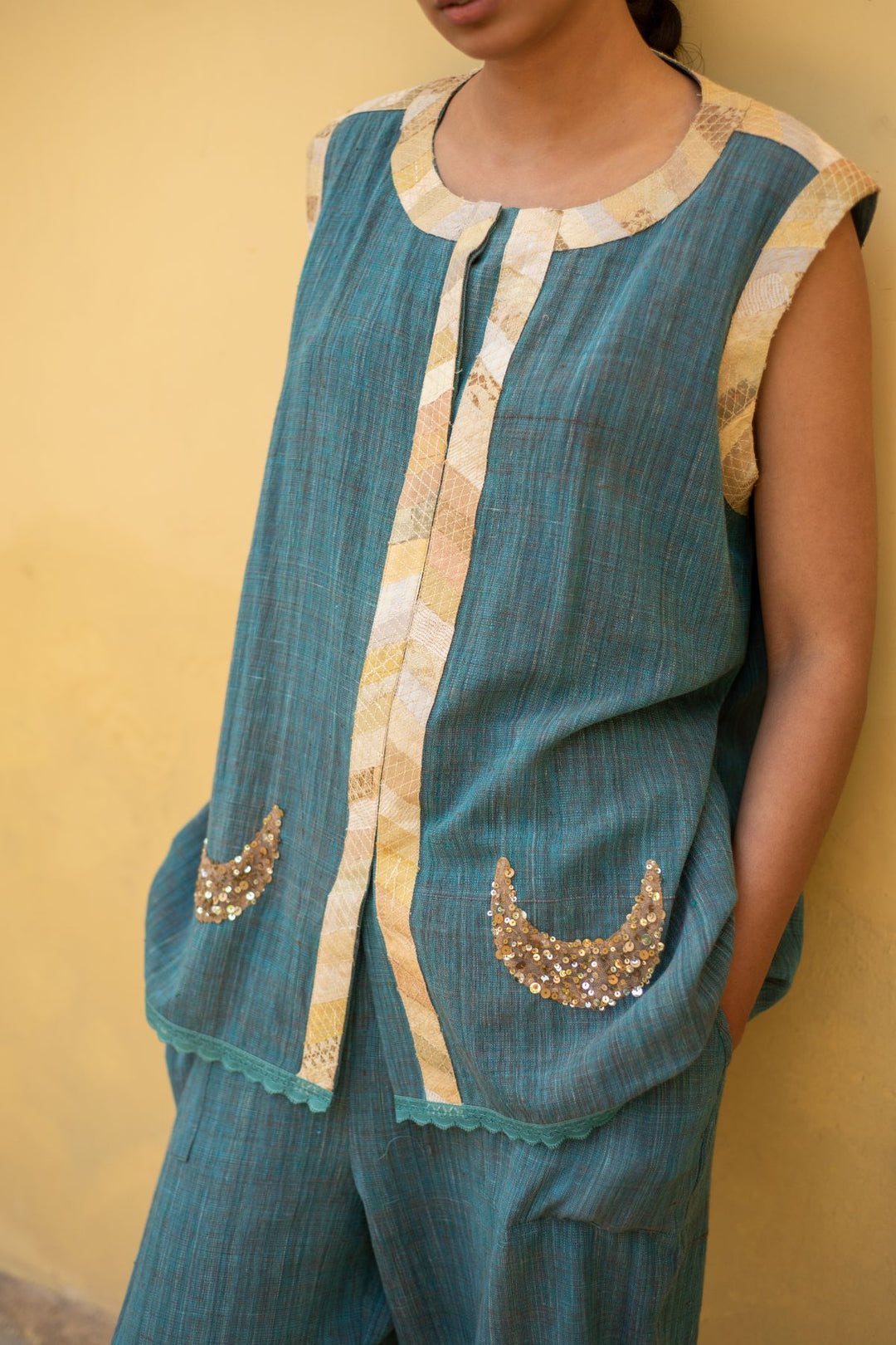 Aadi- Teal Blue Cotton Upcycled Patchwork Co-Ord Set