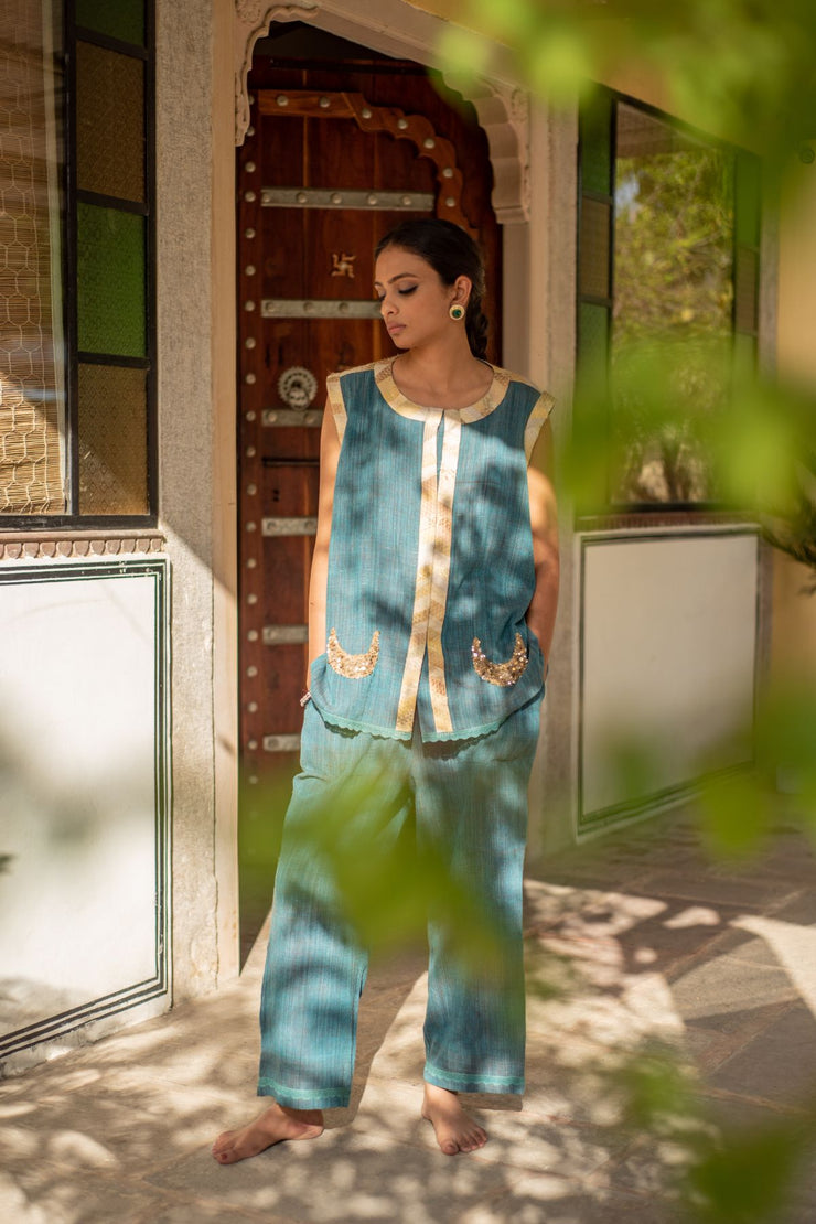 Aadi- Teal Blue Cotton Upcycled Patchwork Co-Ord Set