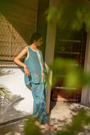 Aadi- Teal Blue Cotton Upcycled Patchwork Co-Ord Set
