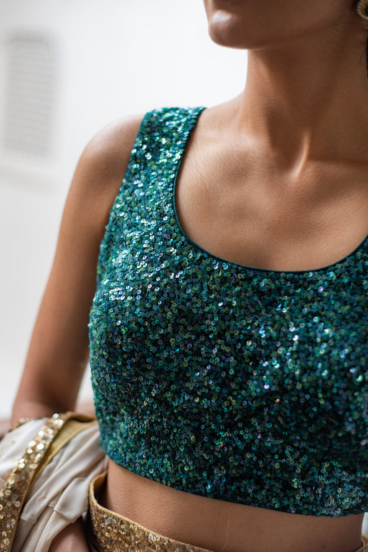 Niamh- Teal Green Hand-Embroidered Sequin Blouse.