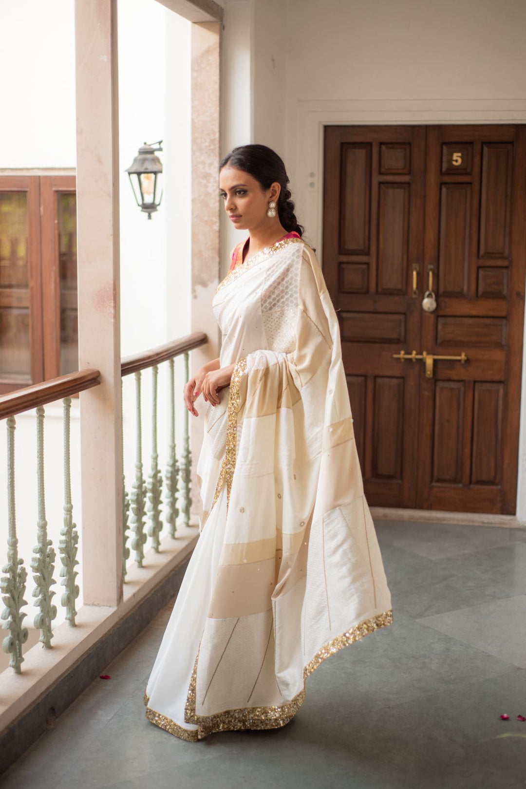 Ausra- Beige Upcycled Patchwork Saree