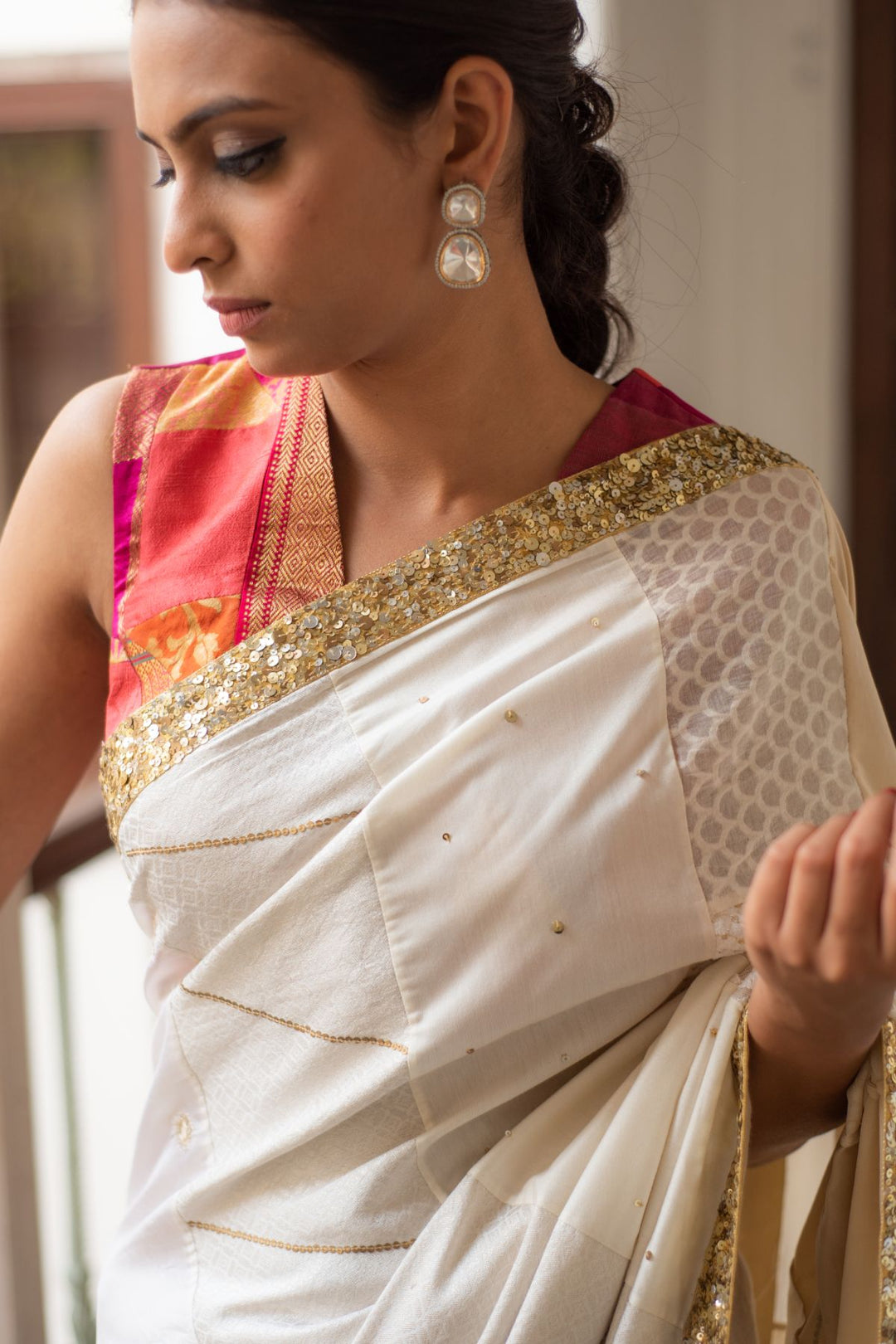 Ausra- Beige Upcycled Patchwork Saree