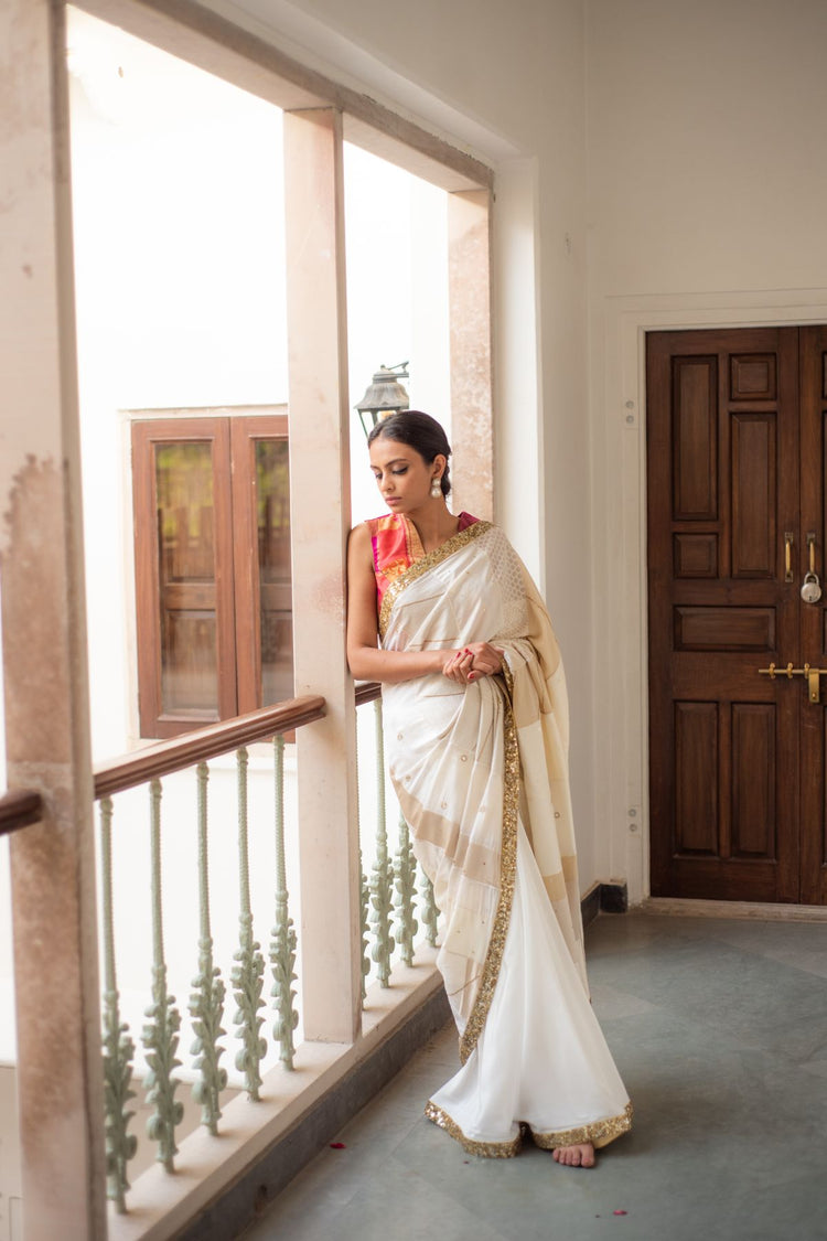 Ausra- Beige Upcycled Patchwork Saree