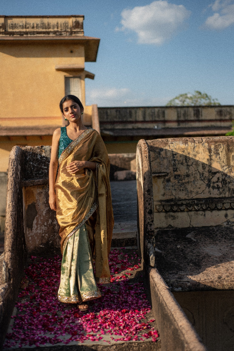 Kiara- Green and Gold Silk Chanderi  Saree