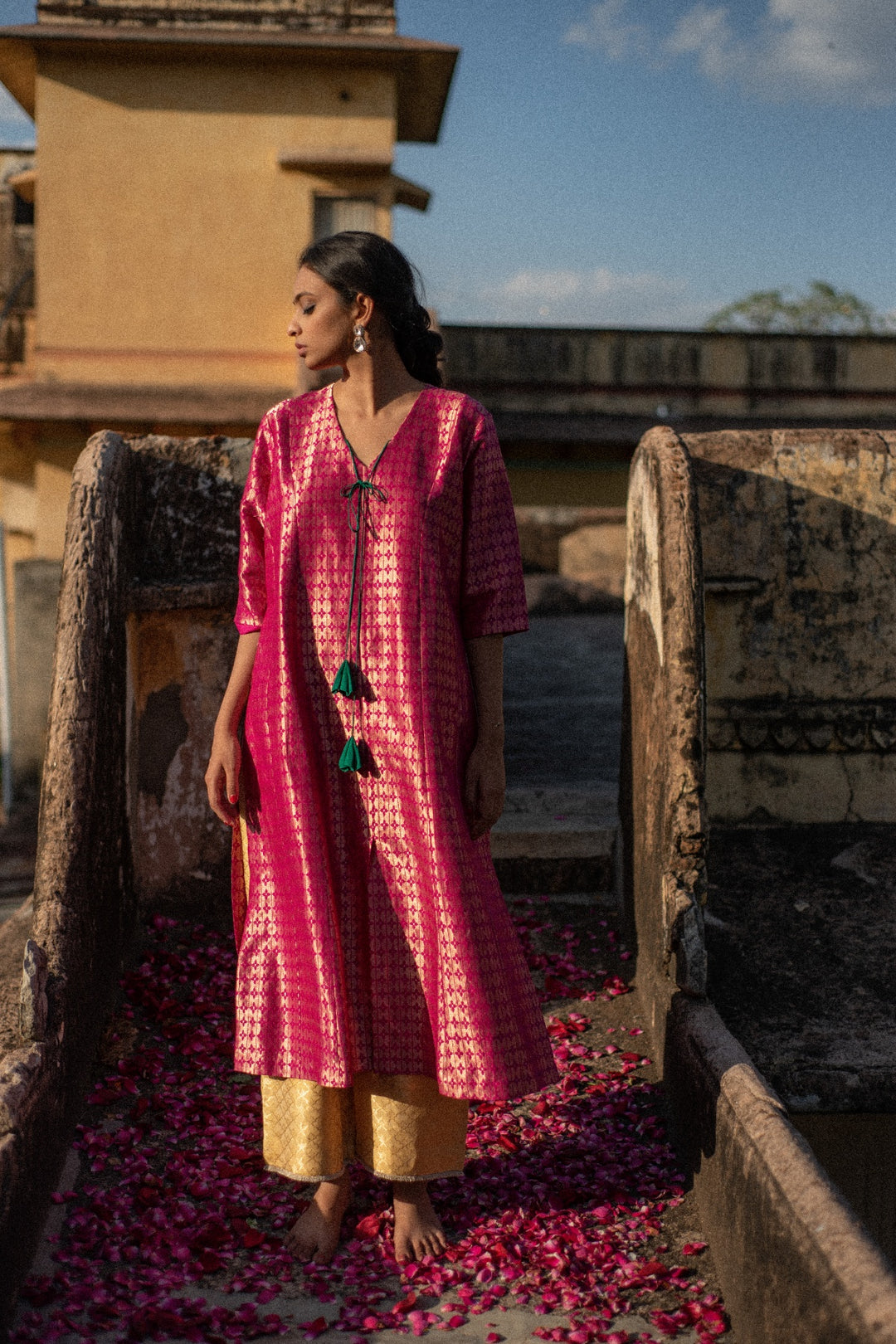 Neima + Nara - Pink Silk Brocade Kurta with Silk Brocade Palazzo