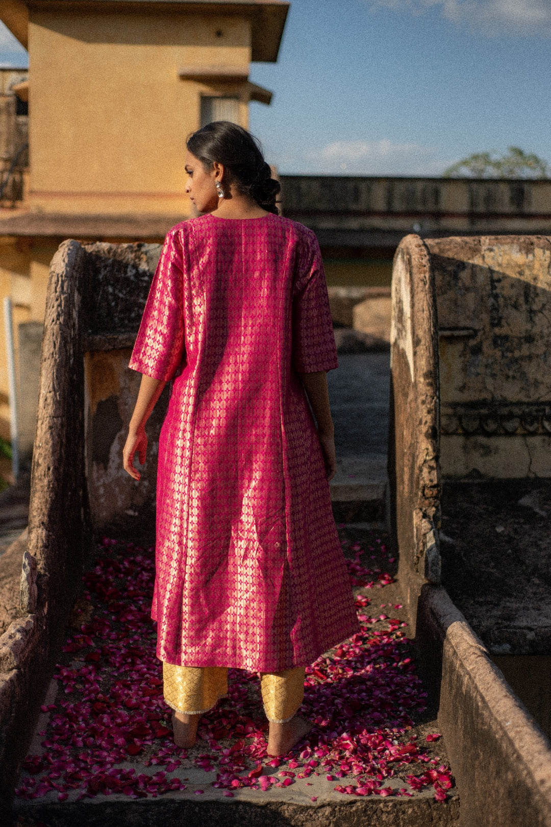 Neima + Nara - Pink Silk Brocade Kurta with Silk Brocade Palazzo