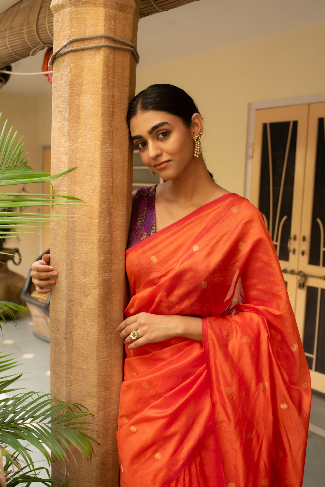 Triya - Orange Silk Chanderi Saree