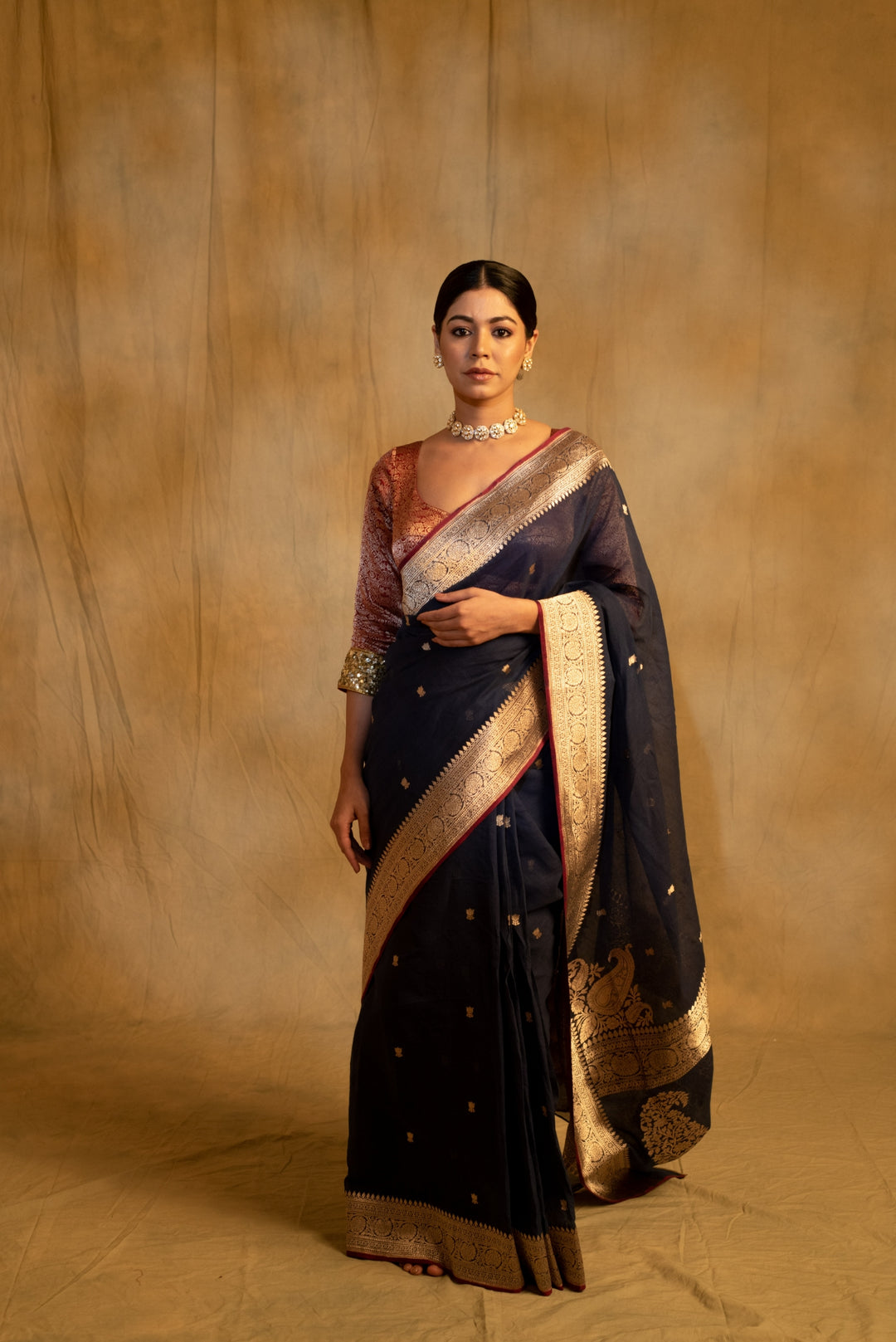 Sankranti- Navy Blue Cotton Banarasi Saree