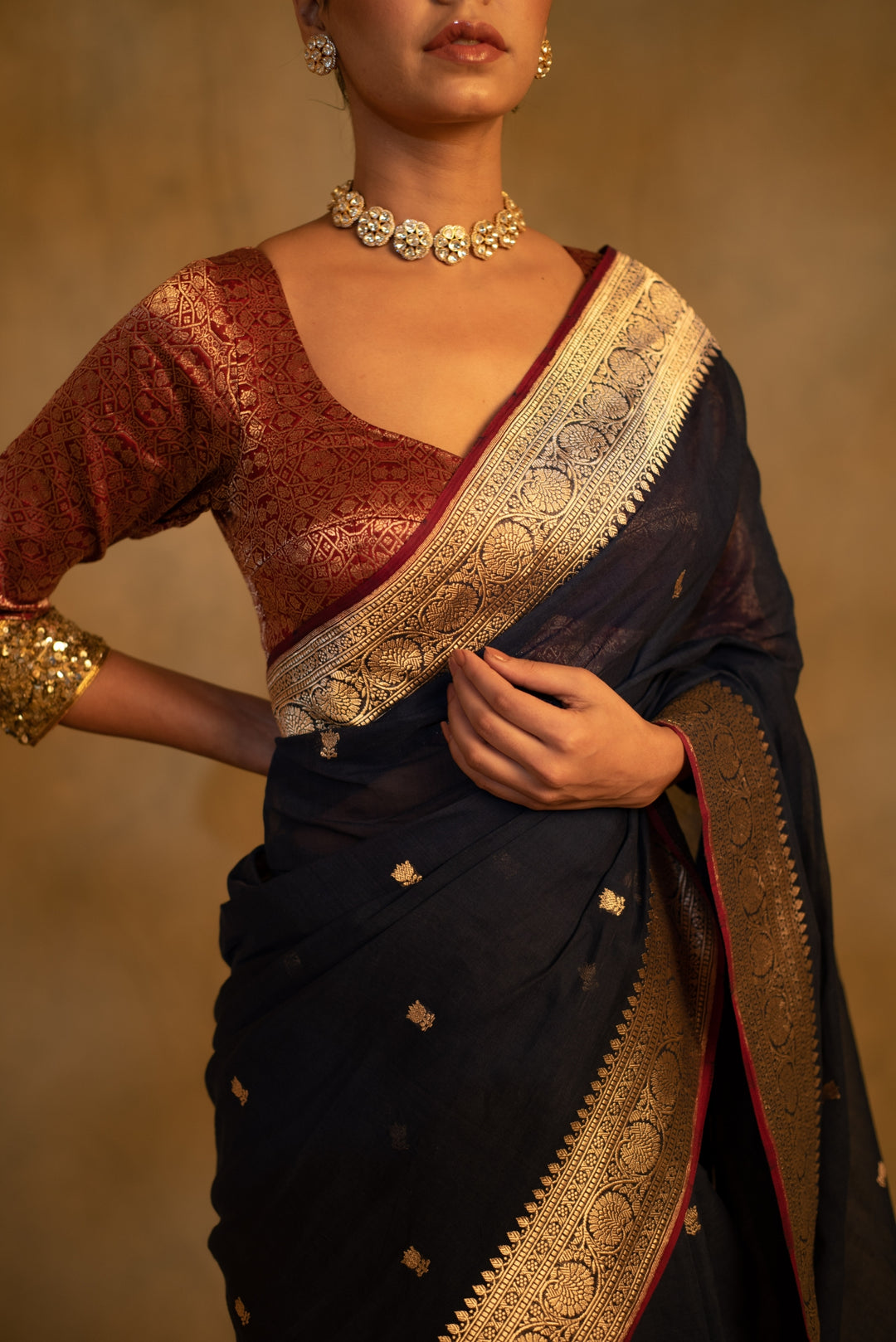 Sankranti- Navy Blue Cotton Banarasi Saree