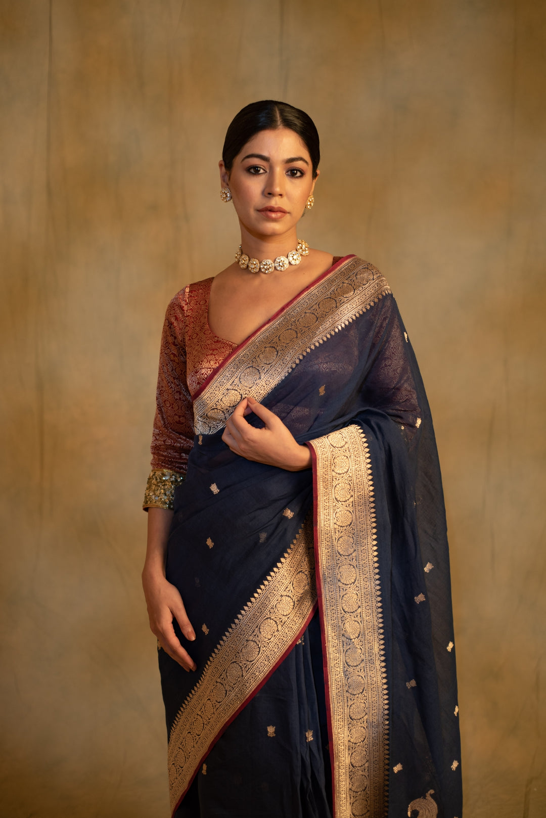 Sankranti- Navy Blue Cotton Banarasi Saree