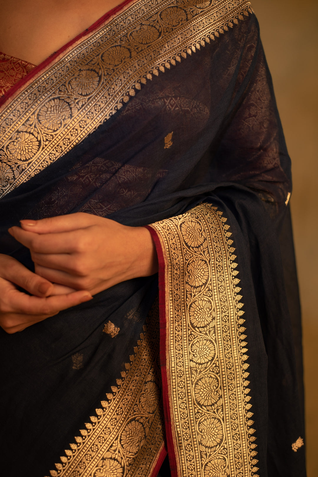 Sankranti- Navy Blue Cotton Banarasi Saree