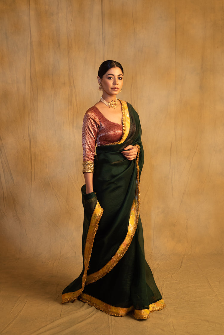 Dooj- Bottle Green Silk Organza Upcycled Saree