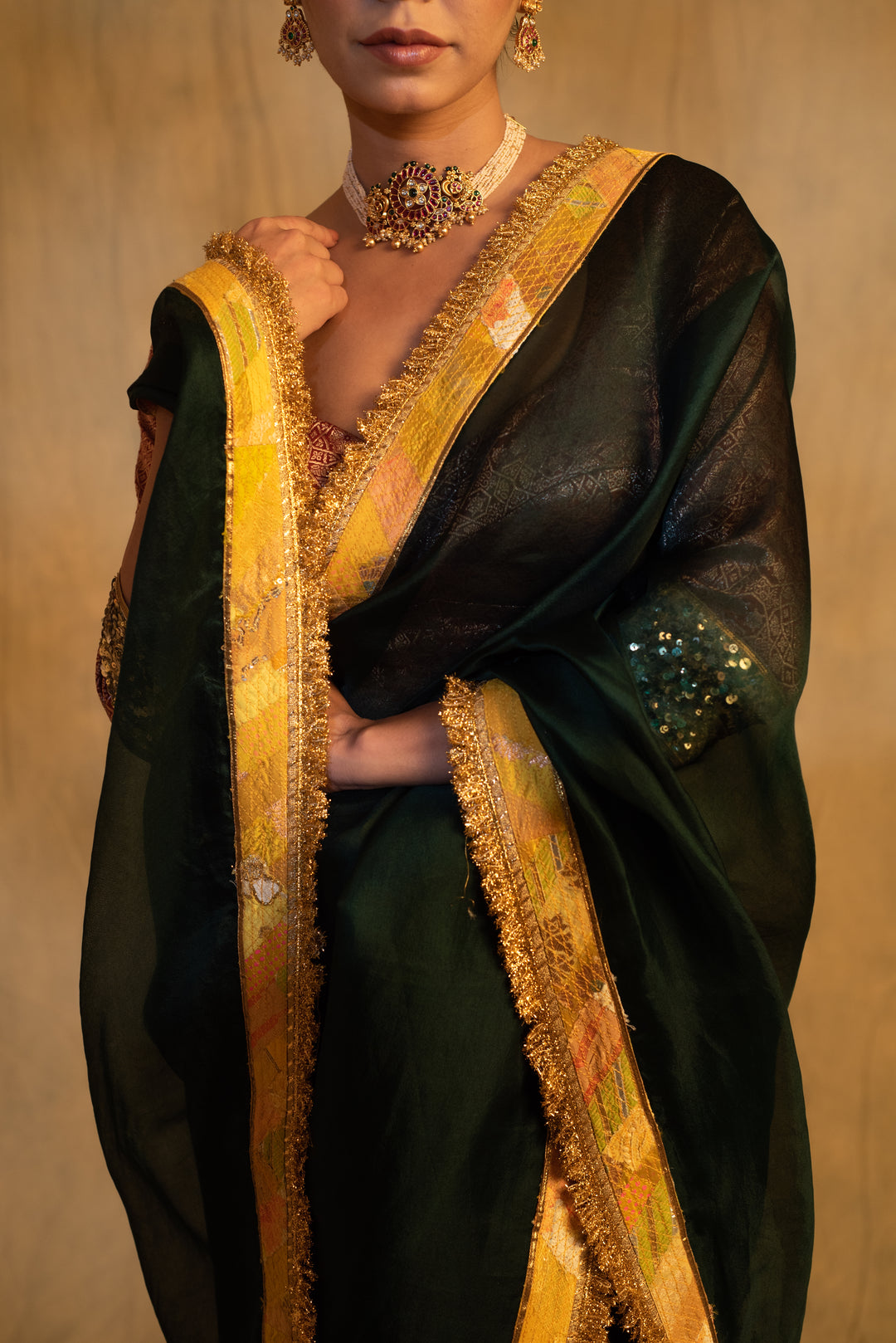 Dooj- Bottle Green Silk Organza Upcycled Saree