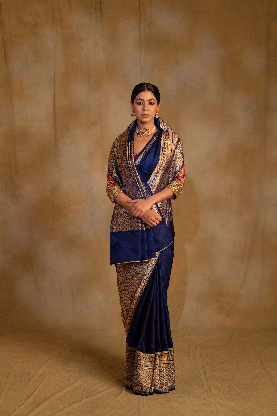 Gangaur- Navy Blue Silk Banarasi Mashru Banarasi Saree