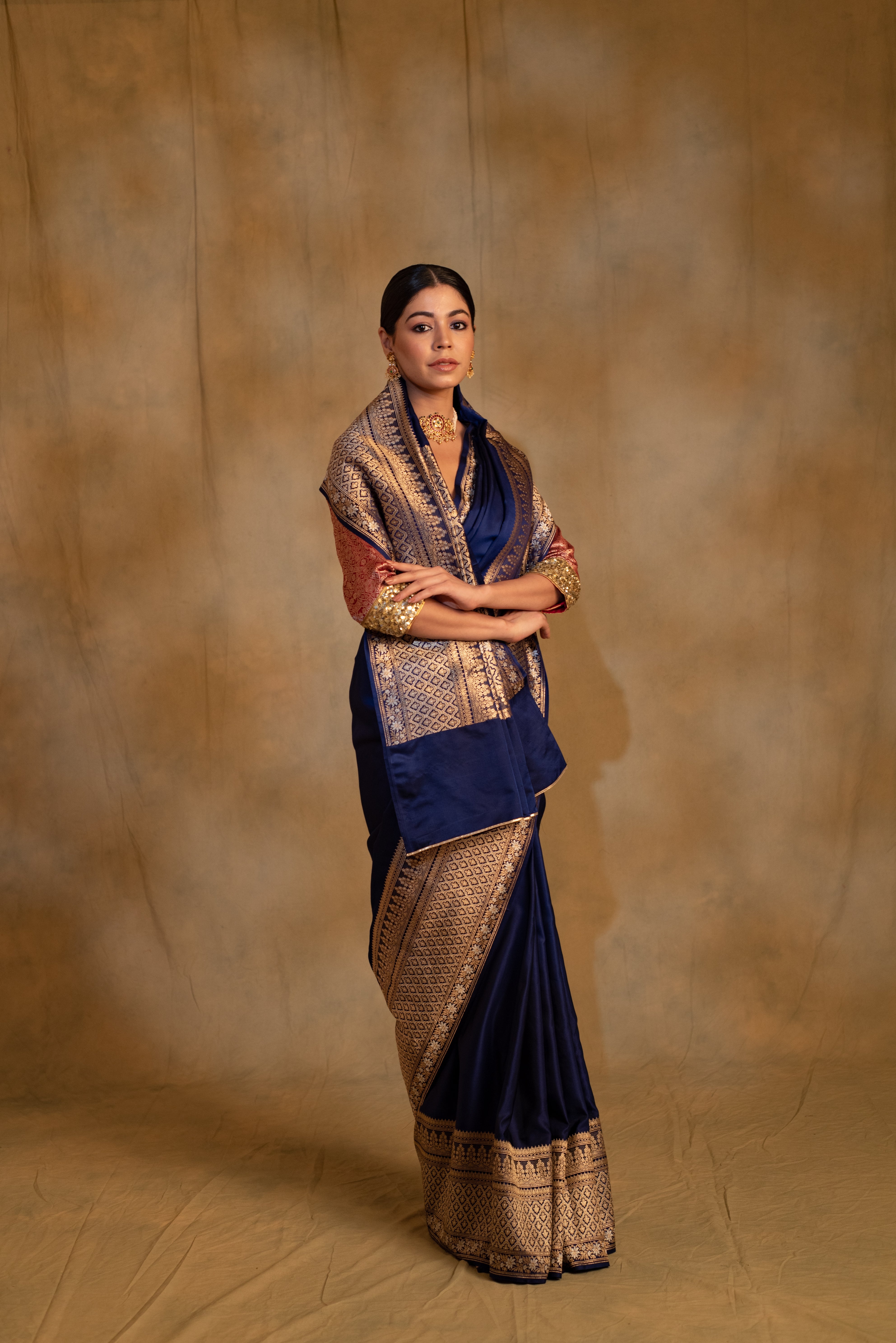 Gangaur- Navy Blue Silk Banarasi Mashru Banarasi Saree