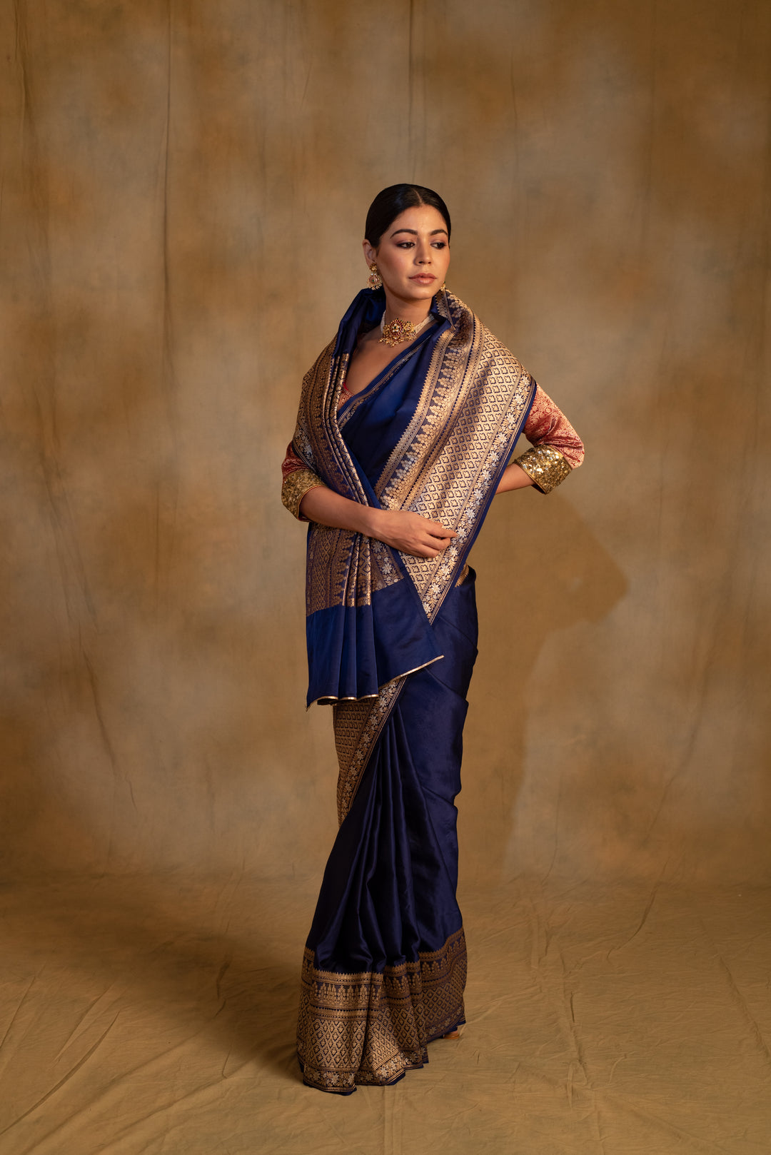 Gangaur- Navy Blue Silk Banarasi Mashru Banarasi Saree