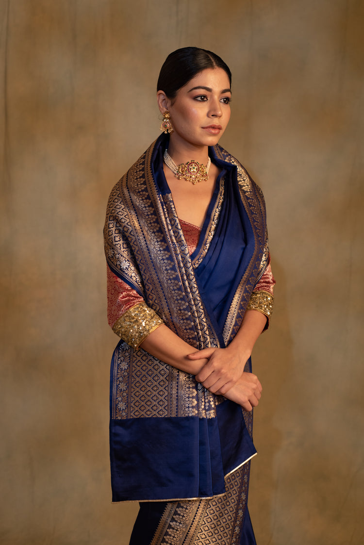 Gangaur- Navy Blue Silk Banarasi Mashru Banarasi Saree