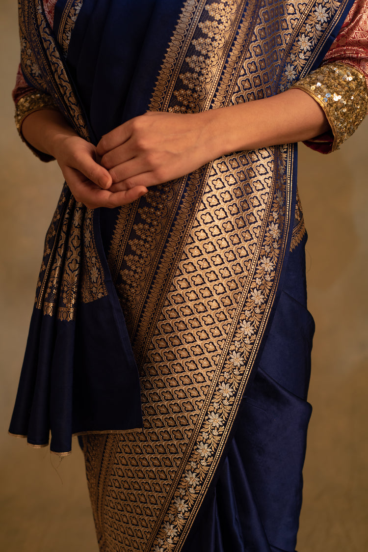 Gangaur- Navy Blue Silk Banarasi Mashru Banarasi Saree