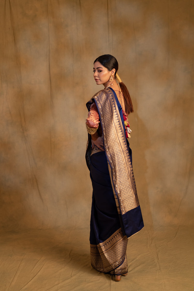 Gangaur- Navy Blue Silk Banarasi Mashru Banarasi Saree