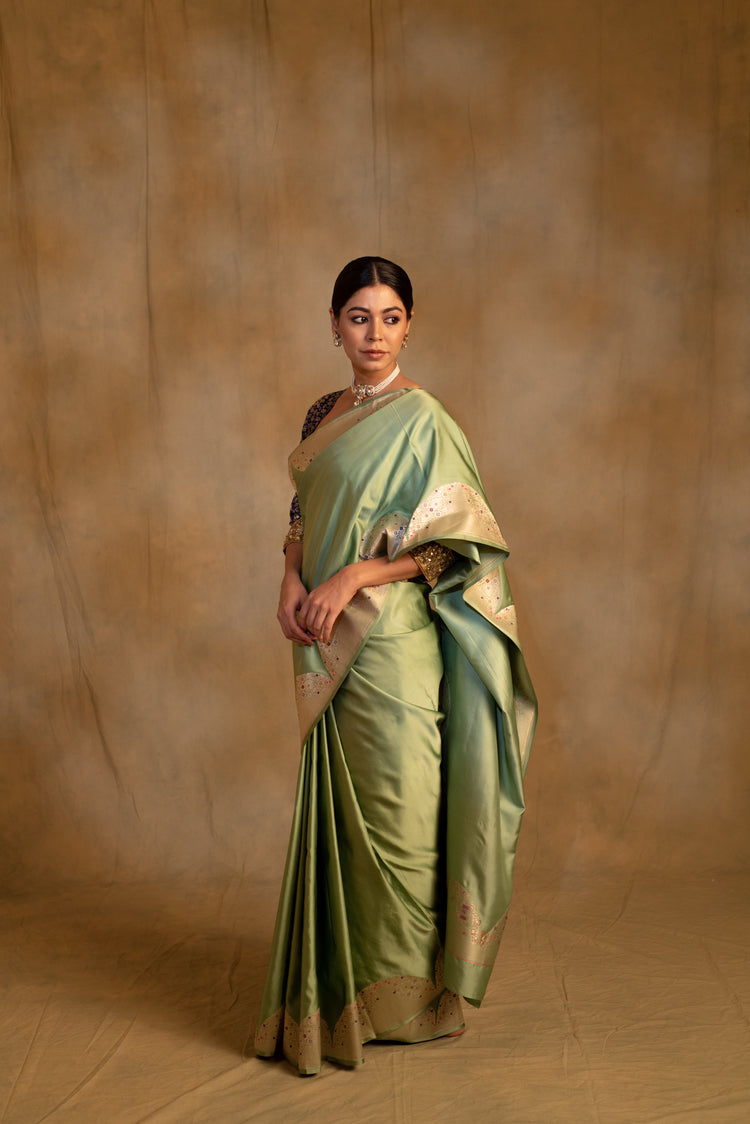 Bhagwati- Sage Green Silk Mashroo Saree