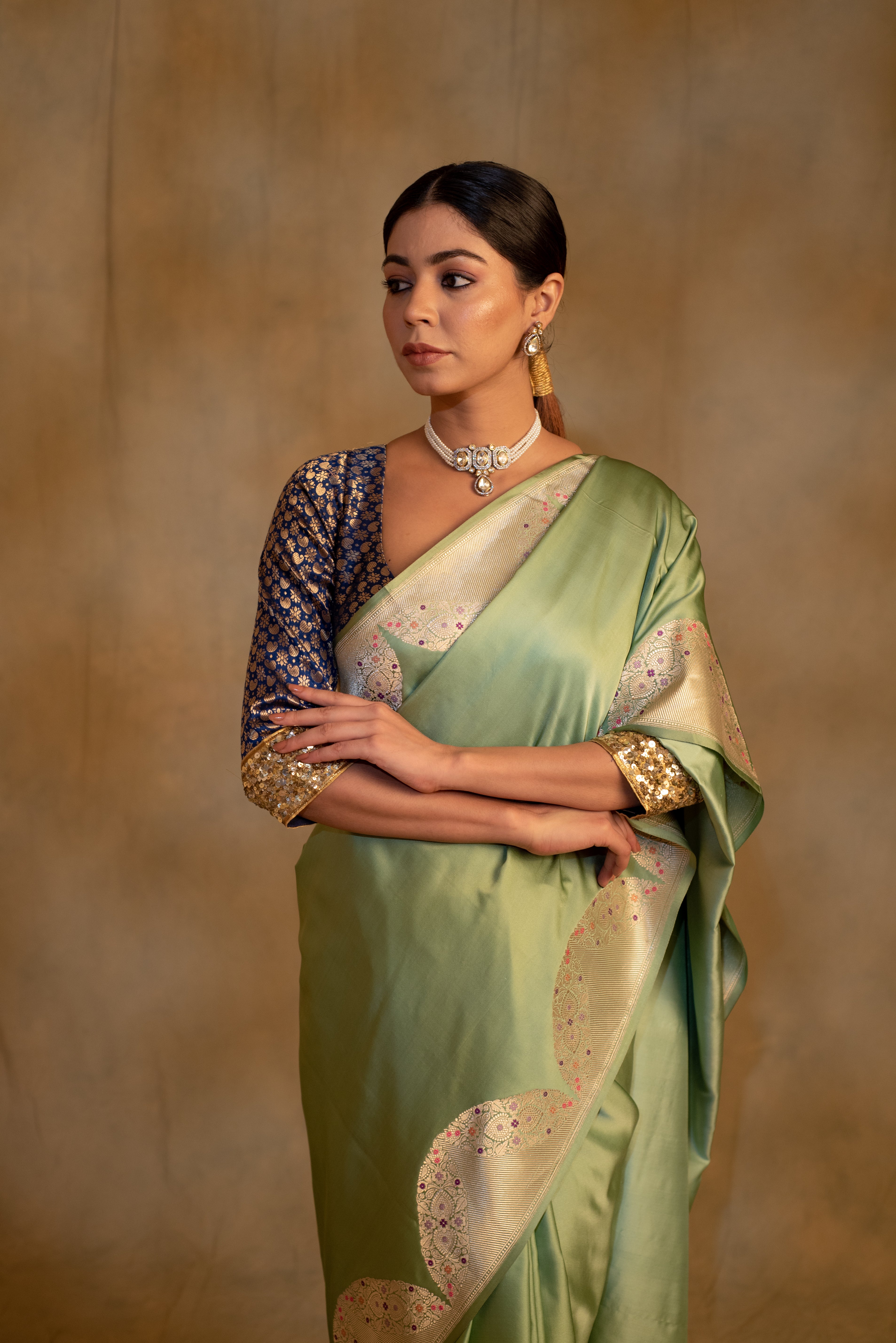 Bhagwati- Sage Green Silk Mashroo Saree