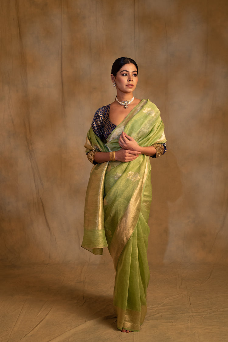 Sarhul- Sage Green Linen- Silk Organza Banarasi Saree