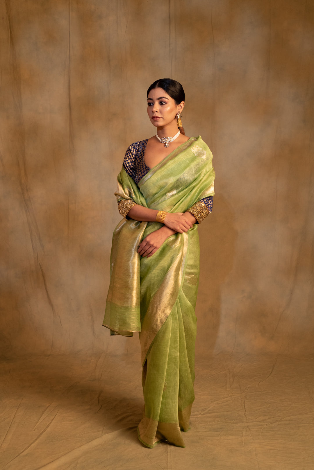 Sarhul- Sage Green Linen- Silk Organza Banarasi Saree