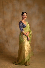 Sarhul- Sage Green Linen- Silk Organza Banarasi Saree