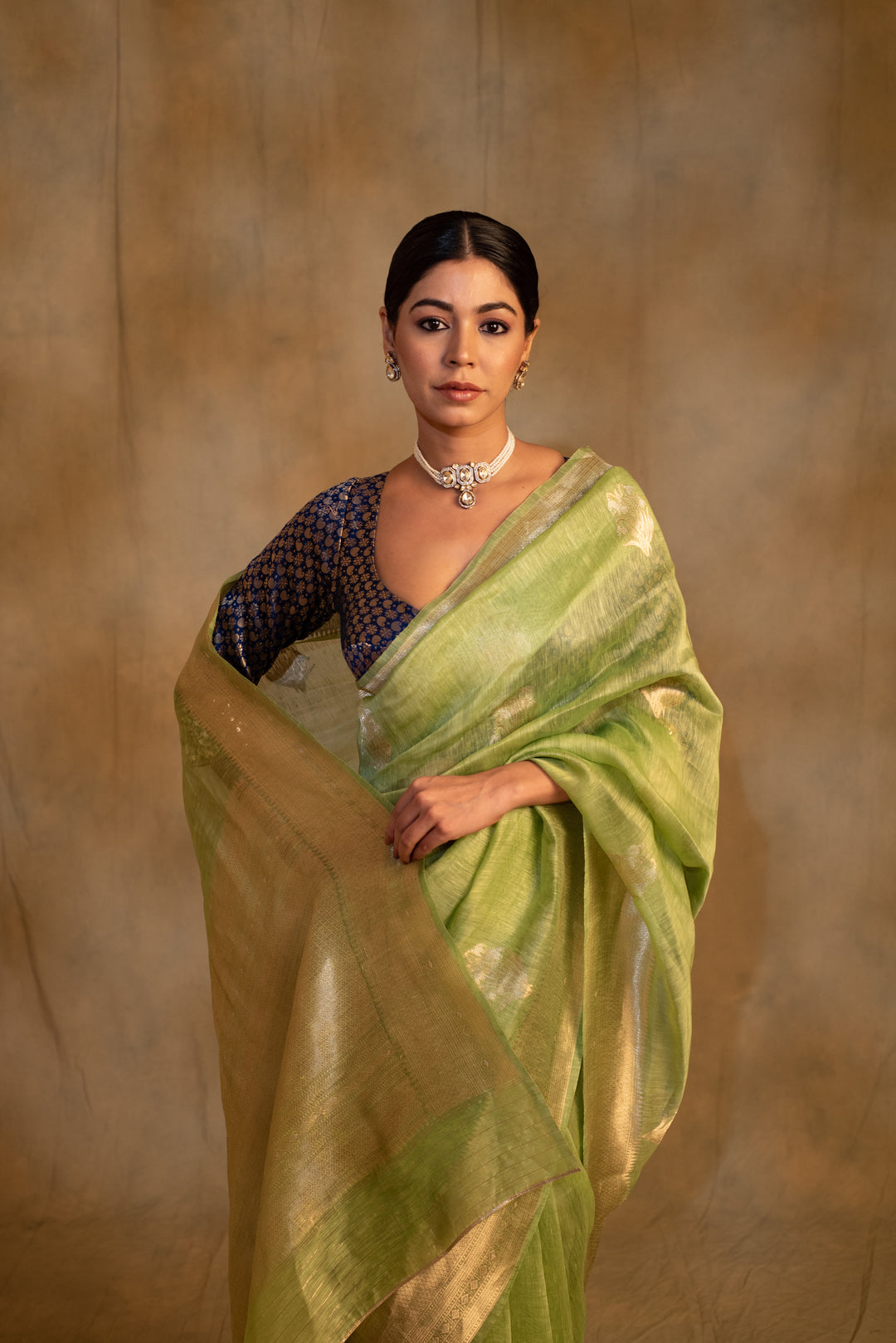 Sarhul- Sage Green Linen- Silk Organza Banarasi Saree