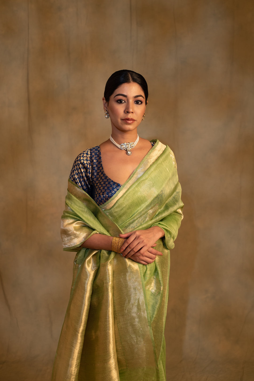 Sarhul- Sage Green Linen- Silk Organza Banarasi Saree