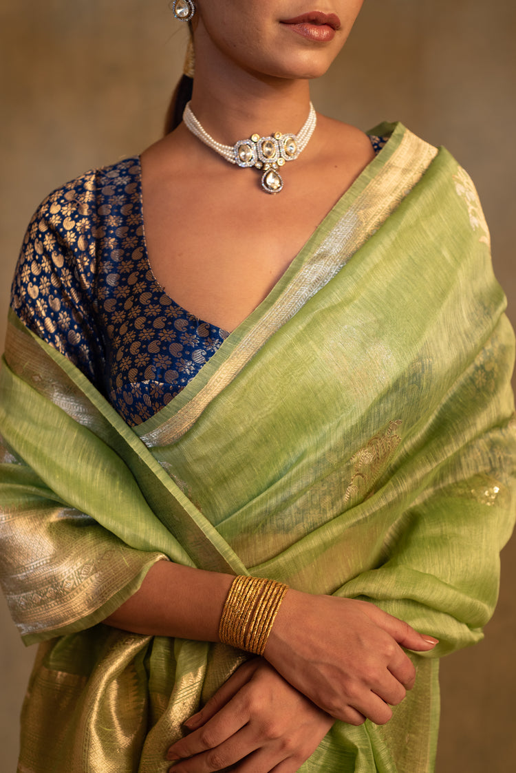 Sarhul- Sage Green Linen- Silk Organza Banarasi Saree