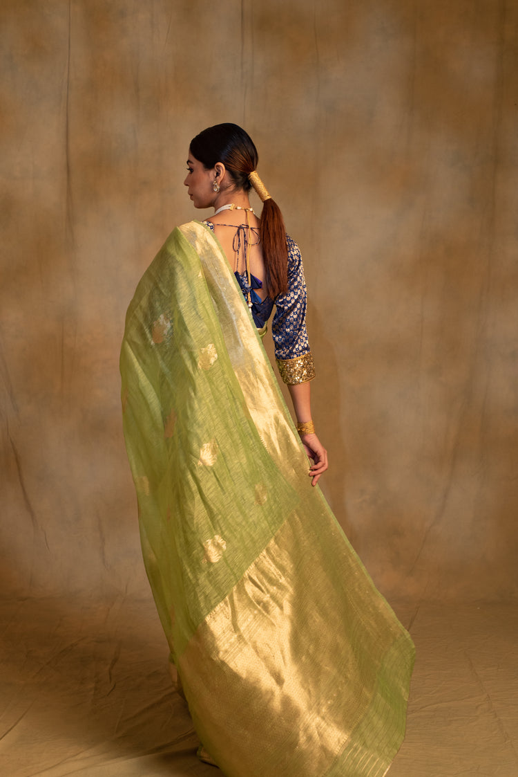 Sarhul- Sage Green Linen- Silk Organza Banarasi Saree