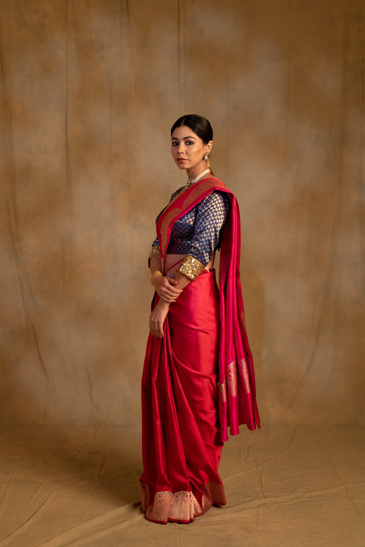 Bhagwati-  Red -Pink Silk Mashru Banarasi Saree