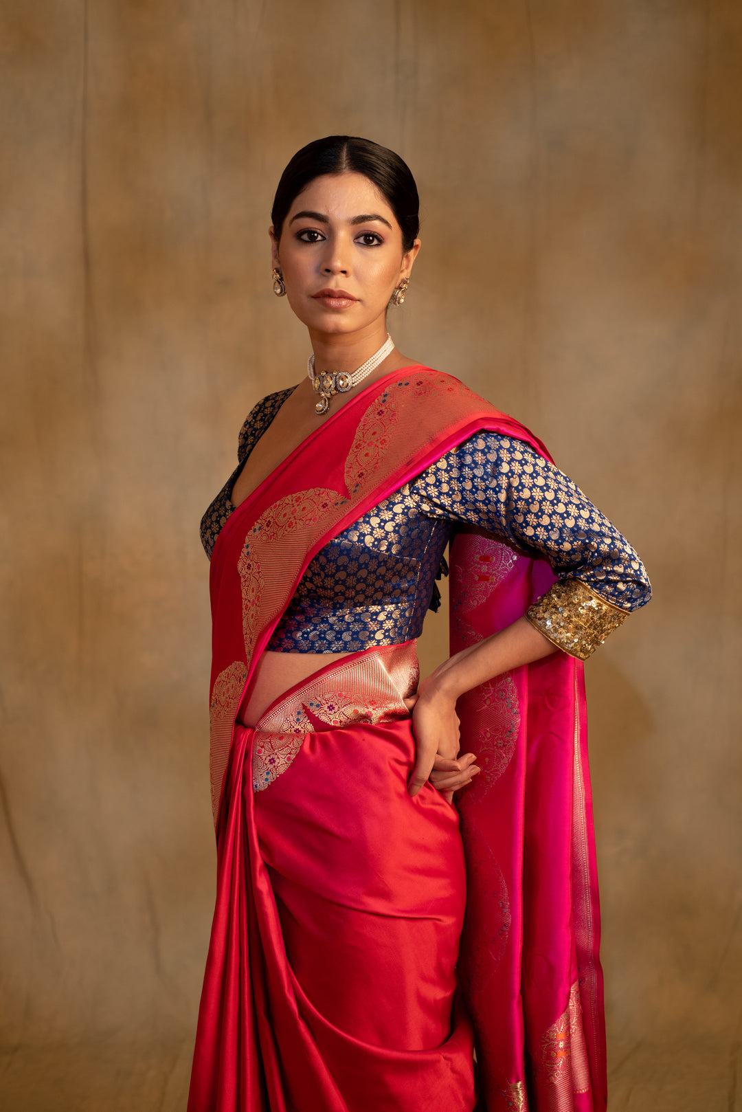 Bhagwati-  Red -Pink Silk Mashru Banarasi Saree