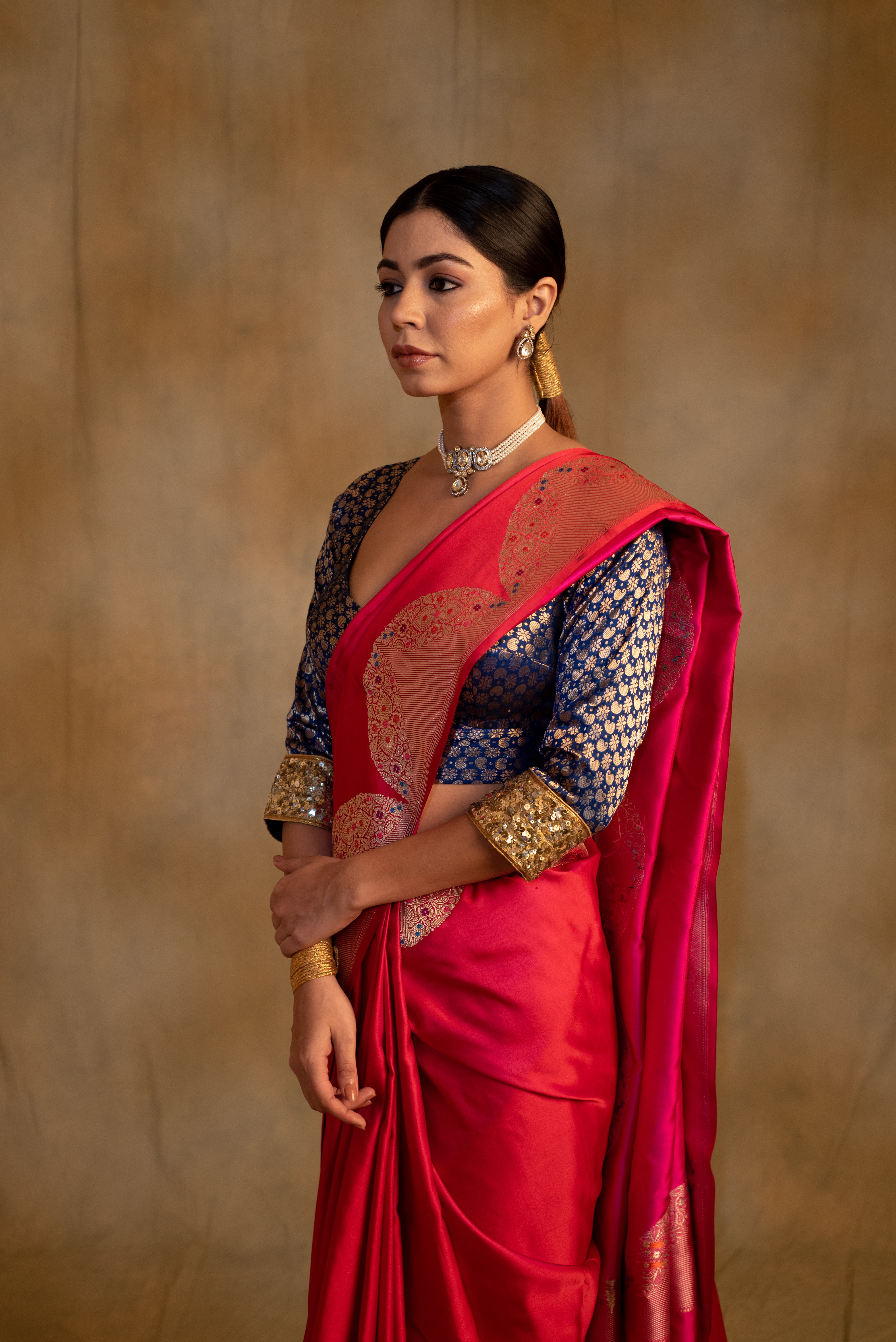 Bhagwati-  Red -Pink Silk Mashru Banarasi Saree