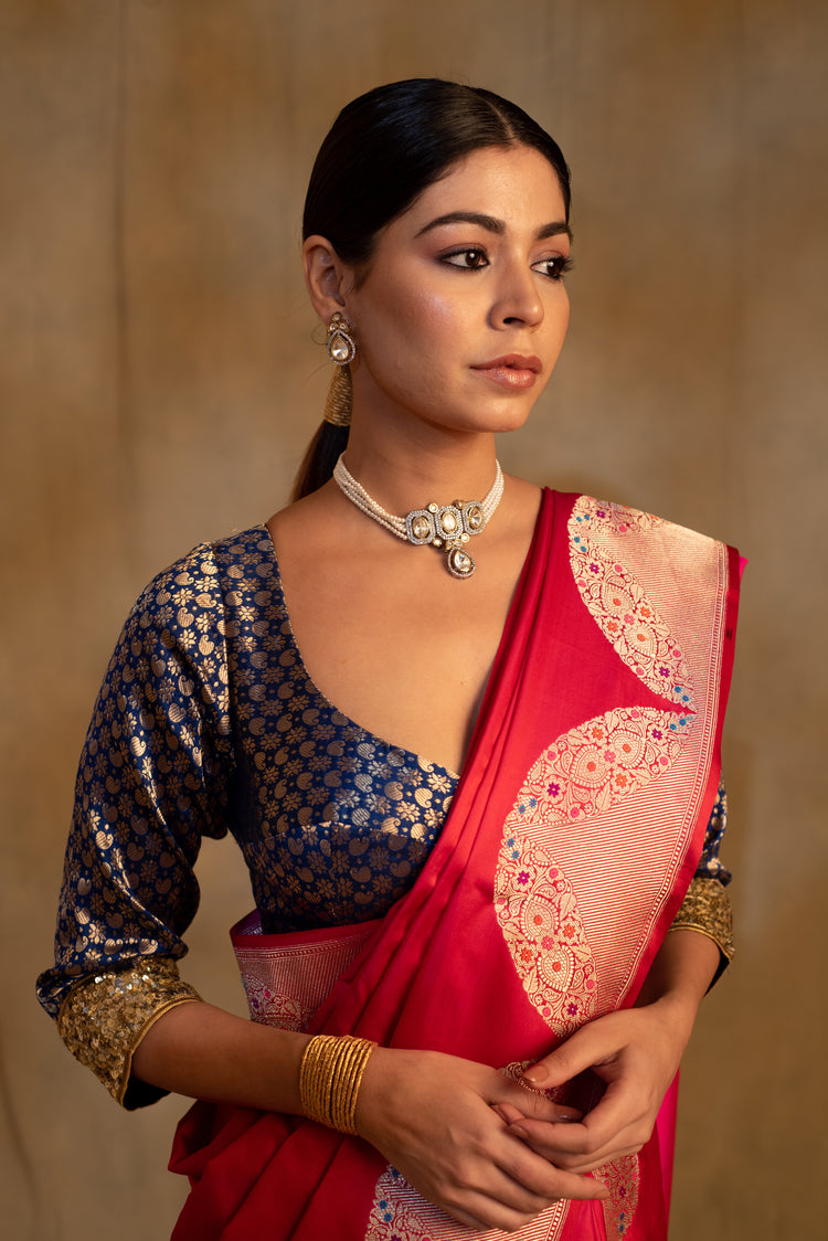 Bhagwati-  Red -Pink Silk Mashru Banarasi Saree