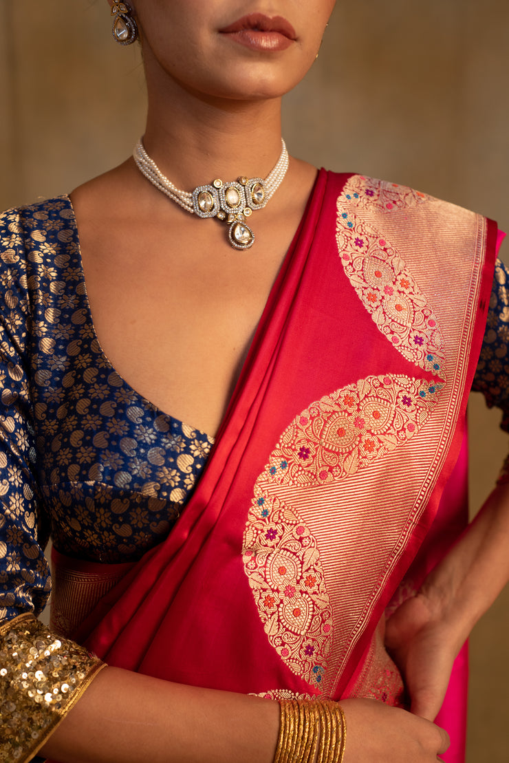 Bhagwati-  Red -Pink Silk Mashru Banarasi Saree