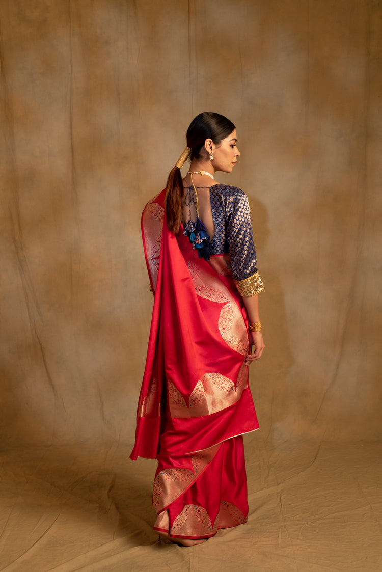 Bhagwati-  Red -Pink Silk Mashru Banarasi Saree