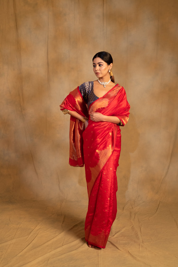 Sora- Red Silk Chanderi Tissue Saree