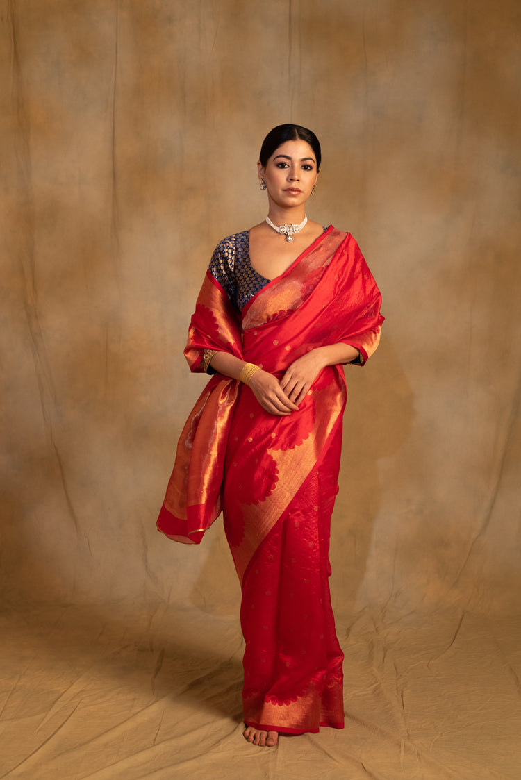 Sora- Red Silk Chanderi Tissue Saree