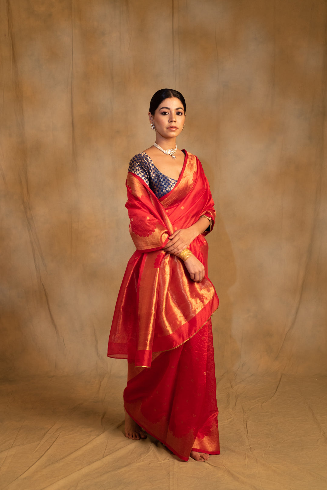 Sora- Red Silk Chanderi Tissue Saree